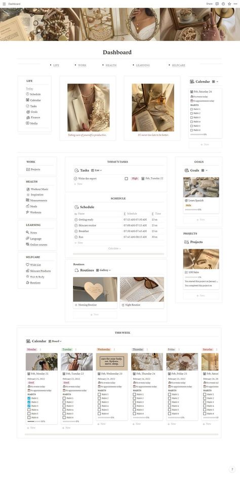 Dashboard Design Notion, Notion Today Page, Notion Boards Ideas, Notion 2023 Goals, Notion App Template Aesthetic, Asthetic Picture Notion, Free Notion Homepage Template, Work Out Notion Template, Notion Book Shelf Template