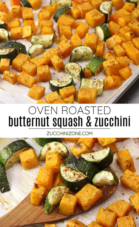 Roasted butternut squash and zucchini are tossed in olive oil and savory herbs, then cooked to perfection in the oven. It's a mild, savory side that pairs well just about any main course for your next meal. Butternut Squash Bake Recipes, Oven Butternut Squash Recipes, Zucchini Oven Recipes, Roasted Zucchini And Butternut Squash, Butternut Squash Zucchini Recipes, Zucchini Butternut Squash Recipes, Butternut Squash And Zucchini, Butternut Squash Healthy Recipes, Cooking Squash And Zucchini