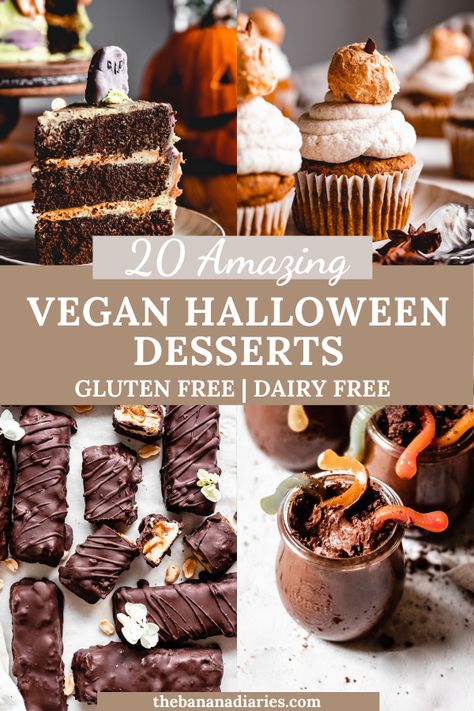 Gf Vegan Halloween Treats, Dirt Dessert Vegan, Vegan Desserts Halloween, Gf Halloween Desserts, Halloween Dirt And Worms, Vegan Dessert Halloween, Vegan Gluten Free Halloween Recipes, Gluten Free Dairy Free Halloween Desserts, Vegan Halloween Recipes Dessert