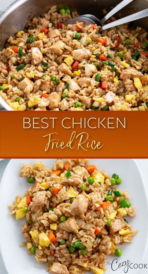 chicken fried rice with egg, chicken, peas, and carrots Best Chicken Fried Rice, Light Summer Meals, Asian Dinner Recipes, Chinese Cooking Wine, Fluffy Eggs, Rice Recipes For Dinner, Cold Lunches, Healthy Lunch Meal Prep, Cooked Rice