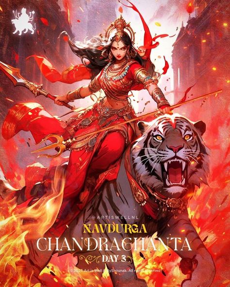 Maa Chandraghanta, Navratri Devi Images, Hindu Statues Goddesses, Buddhist Art Drawing, Indian Artwork, Hindu Rituals, Aadi Shakti, Durga Painting, Shakti Goddess