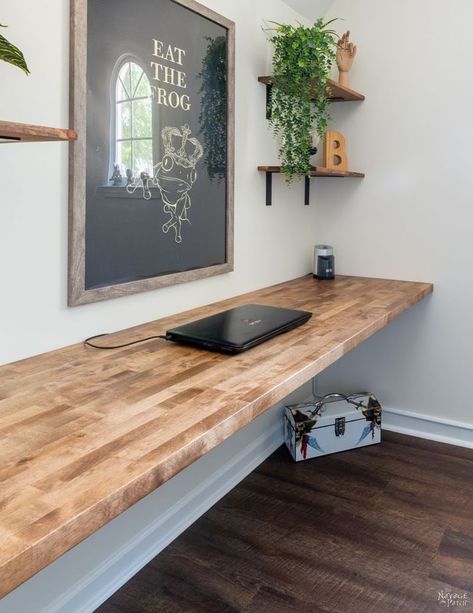 How to Make a Floating Desk that's Simple, Sturdy & Inexpensive | Home office decor, Diy floating desk, Home office setup Hinged Desk On Wall Diy, Wall Length Desk Office, Floating Shelf Desk Workspaces, Wall Mounted Desk Floating, Office Long Desk Wall, Wall Desk Ideas Floating, Full Wall Desk Ideas, Office Butcher Block Desk, Making A Desk Diy