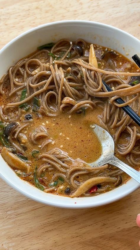 Sesame Miso Soba Noodle Soup 🍜 perfect for when you have the sniffles but also if you’re just craving soup constantly like I am. I love… | Instagram Soba Miso Soup, Soba Noodle Soup Recipe, Low Cal Miso Soup, Easy Soba Noodle Recipe, Soba Noodle Sauce, Miso Soup Benefits, Soba Recipes, Soba Noodle Recipe, Chili Crisp Oil