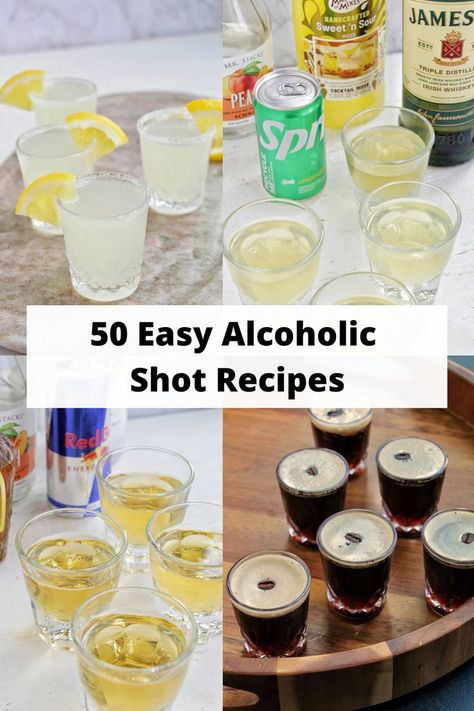 four different types of alcoholic shots. Party Shots Alcohol, Easy Shots To Make, Yummy Shots, Easy Shot Recipes, Shots To Make, Rum Shots, Shots Alcohol Recipes, Breakfast Shot, Shooter Recipes