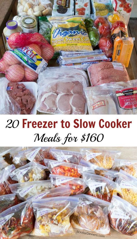 20 Freezer To Slow Cooker for $160 Meal Plan! (Good for ANY Store) This costs as low as $2.49 - what a deal to calm the always hectic September back-to-school month!!! It comes with shopping lists, recipes, and even how-to video if you want!    happydealhappyday.com Slow Cooker Freezer Meals, Slow Cooker Meals, Meal Plan Grocery List, Freezable Meals, Freezer Meal Planning, Make Ahead Freezer Meals, Freezer Meal Prep, Dump Meals, Freezer Cooking