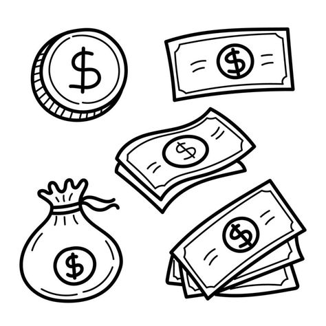 Set of money doodle illustration Cash Drawing Money, Paper Money Drawing, Money Doodle Art, Money Cute Drawing, How To Draw Money, Money Art Drawings, Save Money Illustration, Money Sign Drawing, Drawing Of Money