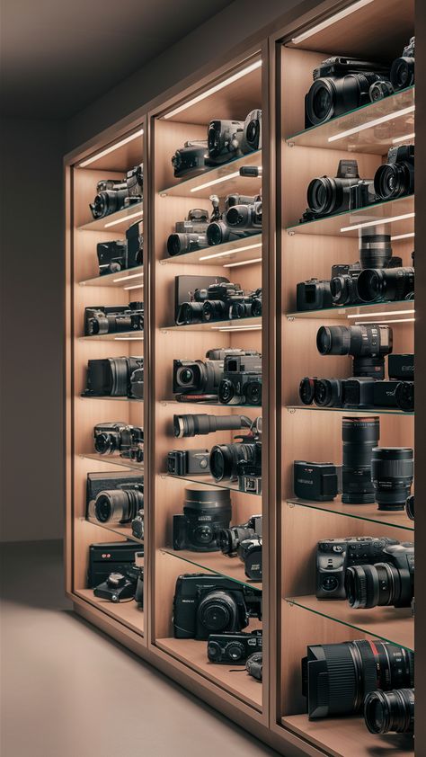 📷 Elevate your workspace with a photography gear cabinet featuring integrated lighting. This innovative design not only offers outstanding camera equipment storage but also enhances camera gear visibility and organization. #PhotographyGearCabinet #CameraEquipmentStorage #CameraGearOrganization Camera Shelf Display, Influencer Equipment, Photographer Organization, Camera Room Decor, Photo Gear Storage, Photography Gear Storage Cabinet, Photo Studio Storage, Camera Collection, Organize Camera Equipment