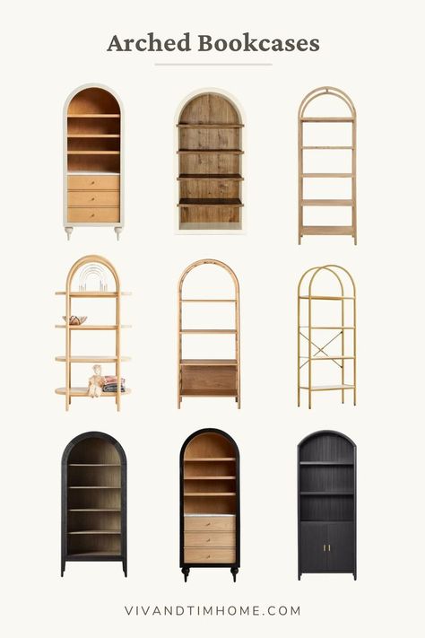 arched bookcase Arch Shelves, Midcentury Bookshelf, Arched Bookcases, Arched Bookshelves, Arch Furniture, Arched Bookshelf, Arched Bookcase, In Home Library, Black Bookshelves