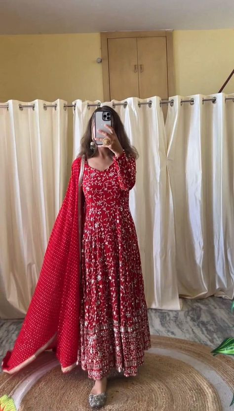 Long Anarkali Dress, Full Sleeve Gowns, Gown With Dupatta, Diwali Outfits, Stylish Crop Top, Red Flare, Cotton Gowns, Maxi Outfits, Sleeve Gown