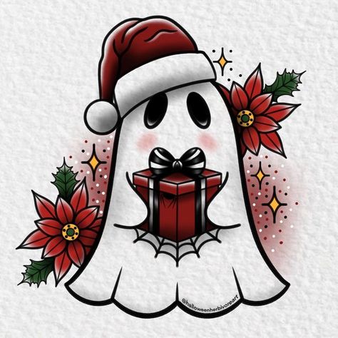 Goth Christmas Drawings, Holiday Tattoo Flash, Creepy Christmas Drawing, Spooky Christmas Tattoo, Christmas Horror Art, Halloween Art Ideas, Paintings Halloween, Art Print Quotes, Ghost Artwork