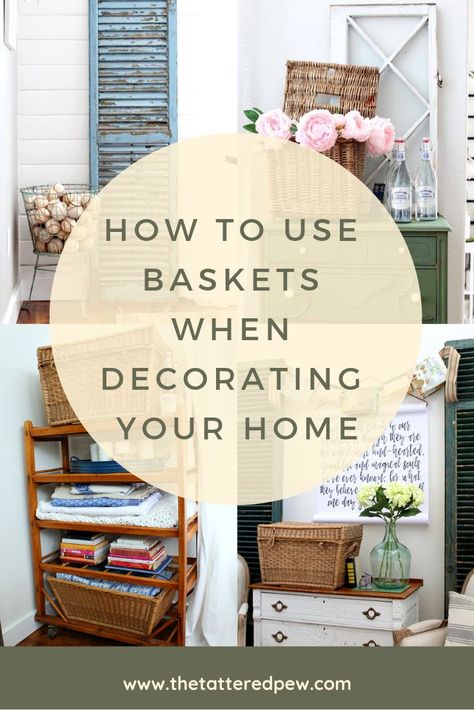 Baskets are a simple and practical way to decorate your home. #baskets #homedecor #storage Wicker Basket Decor Ideas, Vintage Spring Aesthetic, Vintage Spring Decor, Wicker Basket Decor, Basket Decor Ideas, Decorate With Baskets, Spring Mantle Decor, Spring Mantle, Basket Makeover