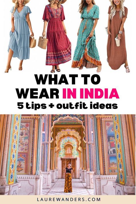 A complete guide on what to wear in India as a woman with tips and outfit ideas. Holiday Outfits In India, India Women Fashion, What To Wear In India Woman, Mumbai Fashion Outfits, India Tourist Outfits, India Clothing Women, What To Wear In India Woman Travel, Indian Travel Outfit Women, Taj Mahal Outfit Ideas Women