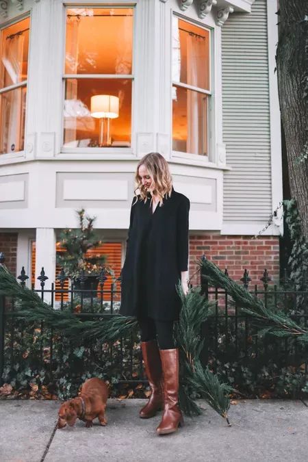 Knee High Boots Outfit Date Night, Date Night In Winter Outfit, Black Dress And Brown Boots, Knee High Brown Suede Boots Outfit, Tall Black Suede Boots Outfit, Brown Over Knee Boots Outfit, Brown Boots Black Tights, Tall Brown Boots Outfit Fall Styles 2024, Dark Brown Tall Boots Outfit