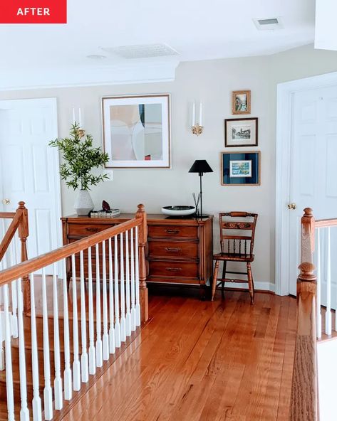 Stair Landing Storage, Landing Storage, Stair Landing Decor, Landing Decor, White Wicker Chair, Landing Ideas, Top Of Stairs, Upstairs Landing, Stairs Landing