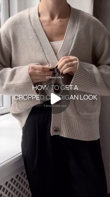 Cardigan Wearing Ideas, How To Style Your Cardigan, Diy Cropped Cardigan, Crop Button Sweater Outfit, How To Style Button Up Sweater Cardigan, Buttoning Cardigan Hack, Chunky Button Up Cardigan Outfit, Button Up Cardigan Hacks, Cropping A Cardigan