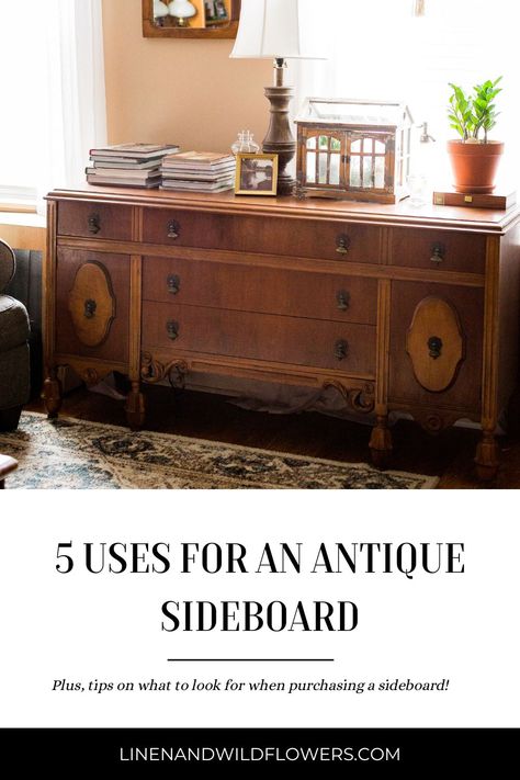 Antique Sideboard Styling, Sideboard Storage Ideas, Antique Sideboards And Buffets, Buffet Table As Tv Stand, How To Style An Antique Sideboard, Antique Furniture In Kitchen, Antique Sideboard Decor, Antique Sideboard With Mirror, Antique Buffet Decor