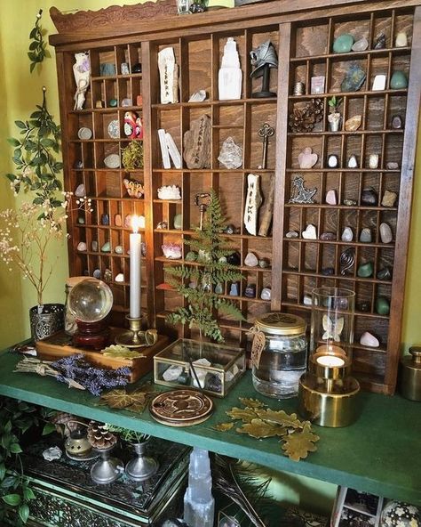 Crystal Collection Display, Litha Summer Solstice, Pagan Wheel Of The Year, Altar Inspiration, The Book Of Shadows, Small Altar, Wooden Shelving, Apothecary Decor, Witch Room