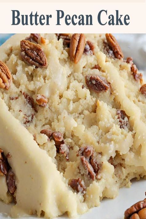 Indulge in the rich flavors of this homemade Butter Pecan Cake! Perfect for special occasions, this cake combines browned butter and finely chopped pecans for a moist, tender crumb, topped with a creamy frosting. Easy to make and absolutely delicious, this Butter Pecan Cake recipe is a must-try for any dessert lover. Pin now and bake later! #ButterPecanCake #BakingRecipes #DessertIdeas #CakeRecipes #HomemadeCakes Butter Pecan Cake Recipe, Pecan Delight, Pecan Pie Cake, Pecan Desserts, Butter Pecan Cake, Butter Cake Recipe, Pecan Cake, Pecan Recipes, Crunchy Pecans