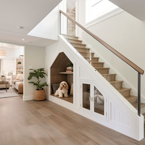 Dog House Under Stairs With storage cupboard Idea Image Dog Spaces Under Stairs, Dog Bed Under The Stairs, Dog Nook Under Stairs, Dog Area Under Stairs, Dog Under Stairs Spaces, Under Stairs Dog Room, Under The Stairs Dog House, Dog House Under Stairs, Dog Room Under The Stairs