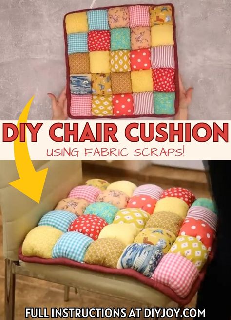 DIY Easy Chair Cushion with Fabric Scraps Tutorial | Cute Sewing Project Ideas Pillow Chair Diy, Diy Cushion Covers Easy, Chair Cushion Sewing Pattern, Seat Cushion Pattern, Diy Chair Cushion Covers, Easy Sewing Machine Cover, Sew Chair Cushion, Quilted Seat Cushions, Quilted Chair Cushions