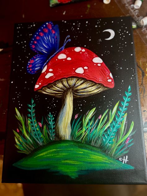 Dark Mushroom Painting, Mushroom Paintings Easy, Abstract Mushroom Art, Mushroom Art Ideas, Paintings Of Mushrooms, Simple Mushroom Painting, Mushroom Painting Easy, Mushroom Canvas Painting, Trippy Mushroom Painting