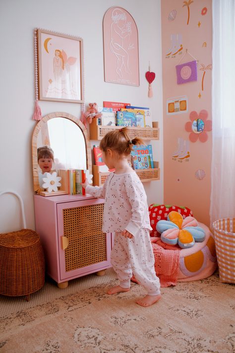 Wall Mirror Toddler Room, Girls Reading Nook Ideas, Eclectic Toddler Girl Room, Girls Room Reading Corner, Girly Kids Room, Flower Toddler Room, Toddler Girl Room Colorful, Toddler Girl Reading Corner, Groovy Toddler Room