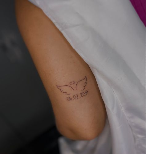 Tattoo Ideas For Angels, Small Tattoo For Mom Passing, Tattoo For Passed Grandmother, Tattoo Ideas For Losing A Loved One, Tattoo Ideas About Losing Someone, Tattoos For Great Grandma Passing, Passed Ones Tattoos, Angel Wings Tattoo With Date, Small Above Elbow Tattoos For Women