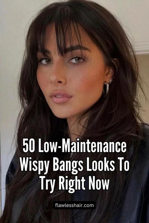 Classic Wispy Bangs Brunette Hair Wispy Bangs, Low Maintenance Wispy Bangs, Hairstyle For Long Forehead, Big Forehead Bangs, Bangs On Square Face, Bangs Short Forehead, Bangs For A Round Face, Bangs For Oblong Face, Minimal Bangs