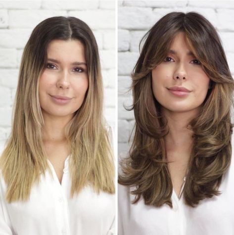 Long Feathered Haircut with Curtain Bangs Long Feathered Haircut, Long Haircut For Square Face, Curtain Bangs For Square Face, Bangs For Square Face, Feathered Haircut, Haircuts For Square Faces, Very Short Pixie Cuts, Feather Cut, Strong Jawline