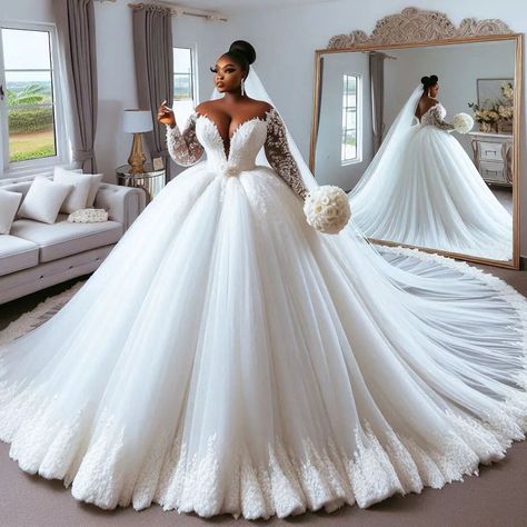 Nanice Weddings | Wedding dresses in Accra | No cap!!! 😍❤️ . . . . @weddingdresslookbook @weddingsonpoint @bridaldiaryy @wedding.diaries @xclusiveweddin @nigerianweddings… | Instagram Ball Gown Wedding Pictures, Changing Dresses For Brides, Wedding Ball Gown With Sleeves, Classy Wedding Gown, Bride Ball Gown, Extravagant Wedding Dresses, Wedding Ball Gown, Big Wedding Dresses, Long Sleeve Ball Gowns