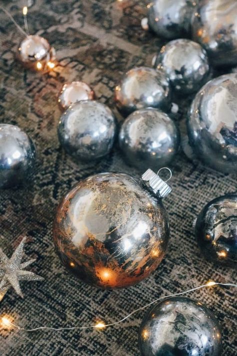 DIY Mercury Glass Ornaments: Easy, Recycled, and Unique Glass Ornaments Ideas Diy Mercury Glass Ornaments, Looking Glass Paint, Mercury Glass Diy, Ornaments Ideas, Clear Glass Ornaments, Tree Inspiration, Mercury Glass Christmas Ornaments, Metallic Powder, Mercury Glass Christmas