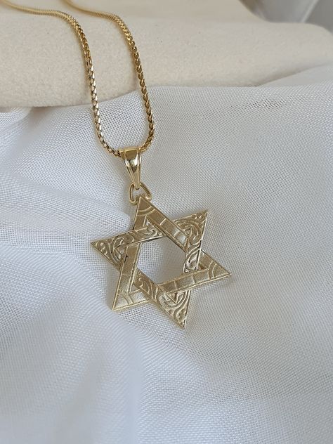 14k Gold Star of David Pendant, Jewish Jewelry,  Bar mitzvah gift, Unique Jewish pendant, necklace pendant, solid gold pendant 14K yellow gold Star of David pendant in a unique design, that combines several textures in one piece of jewelry, and creates a beautiful pendant that everyone will want to wear at the next event.   Choose to purchase the pendant independently or complete the look with a matching 14k yellow/white/rose gold chain in lengths of 45 or 50 centimeters. Whichever option you se Magen David Necklace, Jewelry Bar, Star Of David Necklace, Star Of David Pendant, Jewish Jewelry, Rose Gold Chain, Star Of David, Bar Mitzvah, Gold Star