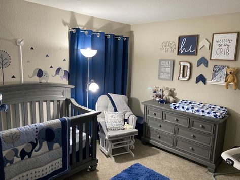 Navy Blue Woodland Nursery, Grey Nursery Ideas Boy, Cute Nursery Ideas Boy, Nursery Ideas Elephant Theme, Baby Boy Crib Ideas, Baby Boy Nursery Blue And Gray, Dark Blue Nursery Boy, Boy Baby Room Ideas Nurseries, Baby Boy Rooms Decor Ideas