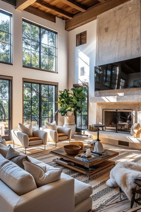 Large Living Room With Corner Fireplace, Great Room Black Windows, High Rise Ceiling Living Rooms, Two Story Living Room Design, Mountain View Living Room Big Windows, High Ceilings Fireplace Living Room, Large Fireplace Living Room, Home With Tall Ceilings, Large House Interior Design