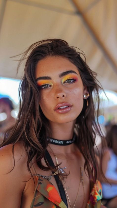 Top 19 Festival Makeup Looks To Turn Up The Glam This Season Fun Concert Makeup Looks, Rave Easy Makeup, Cute Festival Makeup, Festival Makeup Colorful, Country Festival Makeup, Beach Festival Makeup, Rave Hair And Makeup, Tiki Makeup, Summer Festival Makeup