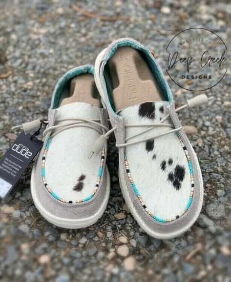 Hey Dudes With Beads, Cow Print Hey Dudes, Custom Hey Dudes, Shoes Beaded, Cow Hide Shoes, Womens Loafers, Western Shoes, Beaded Shoes, Women's Slip Ons