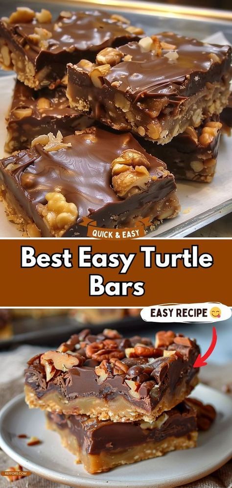 Rich, gooey, and utterly indulgent, these Easy Turtle Bars combine caramel, chocolate, and pecans in perfect harmony. Each bite offers a delightful crunch and a satisfying sweetness that will keep you coming back for more. They’re a snap to make, requiring just a few simple steps, making them an ideal treat for any occasion. Whether for a party or a quiet night in, these bars are a guaranteed hit. #SweetTreats #EasyBaking #Chocolate Turtle Pecan Bars, Recipes With Pecans Dessert, Turtle Bars Pecan, Easy Turtle Bars, Turtle Desserts, Pecan Turtle Bars, Turtle Bites, Pecan Turtles Recipe, Turtle Bars Recipe