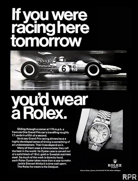 rpr_Jackie-Stewart-Rolex-Racing-Ad F1 Girl, Jackie Stewart, Rolex Tudor, Grand Prix Cars, Parisian Vibes, Vintage Poster Design, Watch Ad, Super Rich Kids, Just Pray