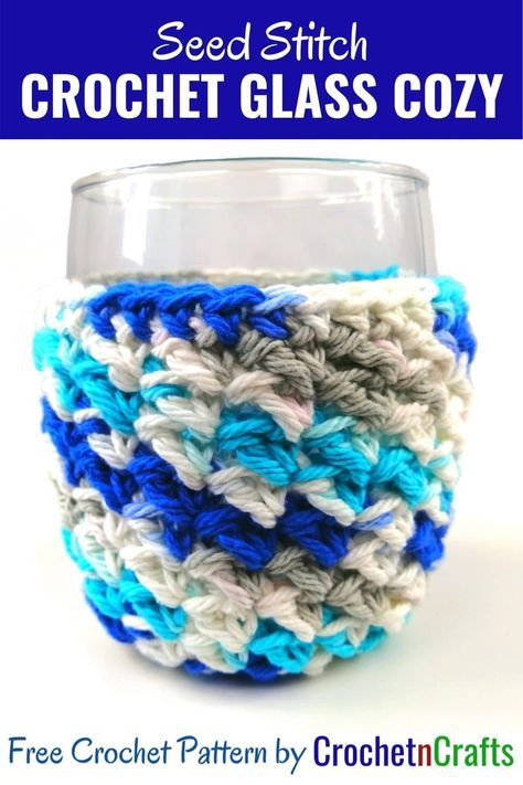 Free pattern for a crochet glass cozy. The cozy also acts as a coaster as it's worked up from the bottom of the glass. #crochet #glasscozy #crochetglasscozy #crochetcozy #freecrochetpattern Seed Stitch Crochet, Coaster Design Ideas, Crochet Cozies, Etsy Knitting Patterns, Cup Cozy Pattern, Crochet Rugs, Crochet Cup Cozy, Cozy Pattern, Cozy Crochet Patterns