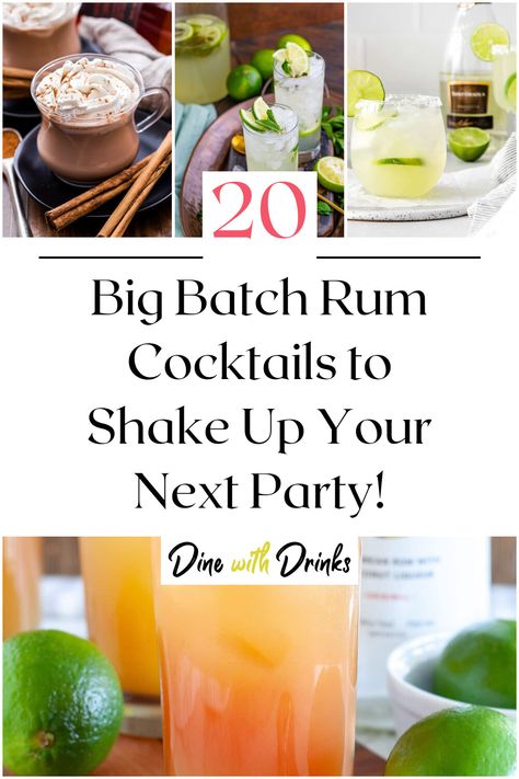 Collage of 4 big batch rum cocktails. Rum Pitcher Cocktails, Big Batch Mexican Cocktails, Rum Mixed Drinks Recipes, Mixed Drink For Large Group, Big Batch Rum Cocktails, Large Batch Rum Punch Recipes, Rum Cocktails For A Crowd, Summer Party Cocktails Big Batch, Rum Pitcher Drinks