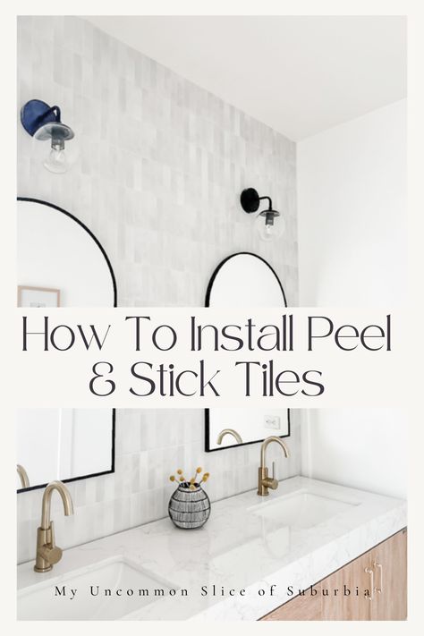 Learn the step-by-step guide on how to effortlessly install peel-and-stick tiles on your walls. Transform your space with our easy DIY instructions for a stunning, hassle-free home improvement project.#DIY#DIYHomeDecor #PeelAndStickTile #WallTiles Updating Bathroom Vanity, Eclectic Bathroom Decor, Tiles For Bathroom Walls, Stick On Wall Tiles, Bathroom Tile Diy, Peel And Stick Tiles, Self Adhesive Wall Tiles, Vintage Bathroom Decor, Shower Wall Tile