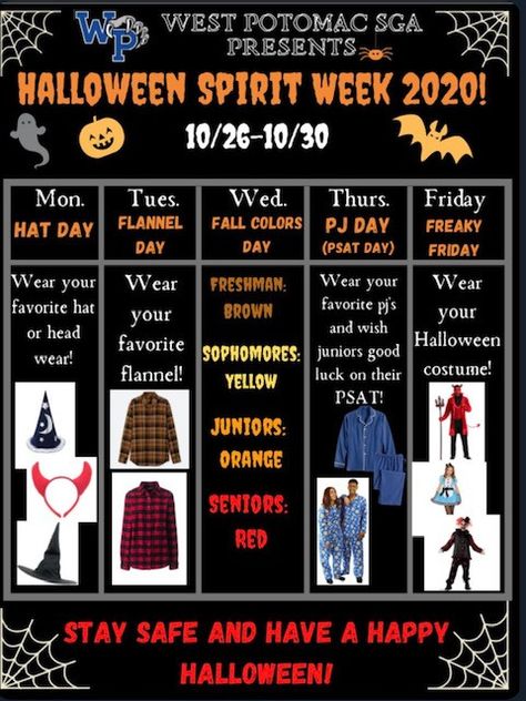 Fall Break Spirit Week, Preschool Halloween Spirit Week, Halloween Spirit Days For School, Spirit Week October, Halloween Theme Fundraiser, Fall Student Council Ideas, Halloween School Fundraising Ideas, Halloween Spirt Week Ideas School, Super Hero Spirit Week Ideas