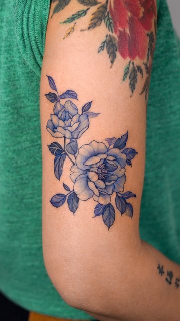 Blue Peonies Tattoo, Blue Fine Line Tattoo, Blue Sleeve Tattoo, Colour Floral Tattoo, All Blue Tattoo, Blue Peony Tattoo, Blue Porcelain Tattoo, Blue Floral Tattoo, Blue Flowers Tattoo