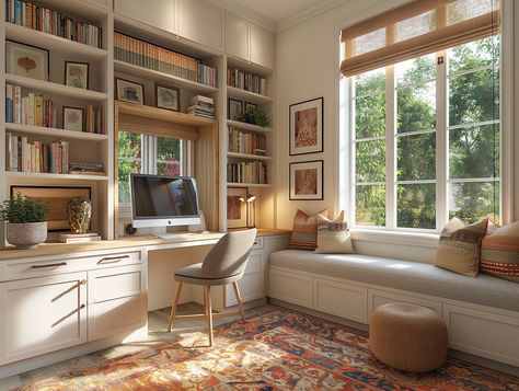 My Images Home Office Built Ins Bookshelves Around Window, Window Seat Desk, Home Office With Window, Window Seat With Bookshelves, Desk Boho, Small Home Library, Window Seat Ideas, Built In Window Seat, Working Room