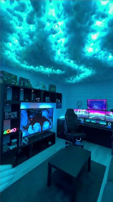 Beautiful Roomdesign, this modern gaming room wakes up when the clouds lights up #gaming#roomdes… | Video game room design, Game room design, Games room inspiration Games Room Inspiration, Boys Game Room, Gaming Bedroom, Cloud Ceiling, Led Lighting Bedroom, Video Game Room Design, Neon Room, Cloud Lights, Bedroom Setup