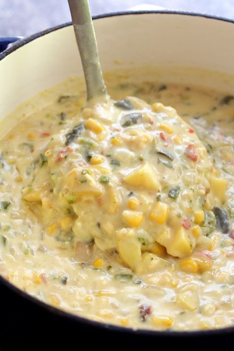 Corn And Potato Chowder, Poblano Corn, Roasted Poblano, Potato Chowder, Chowder Soup, Gouda Cheese, Corn Chowder, Chowder Recipes, Cheese Soup