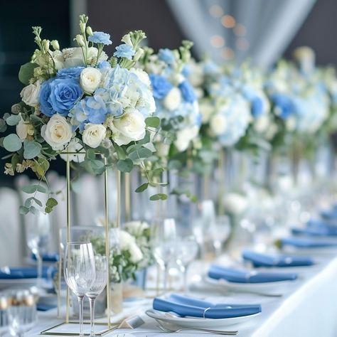 Blue Simple Centerpieces, White And Blue Wedding Flowers Centerpieces, Light Blue Wedding Centerpieces, Dusty Blue Centerpieces Wedding, Pale Blue Wedding Theme, Sapphire Wedding Theme, Blue Wedding Table Decor, Blue Flower Centerpieces, Wedding Dusty Blue