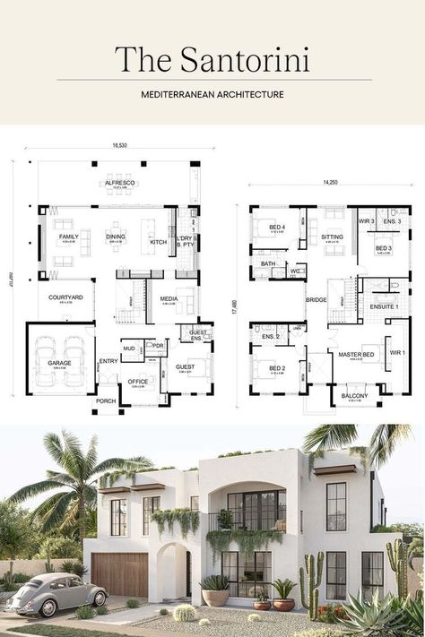 First Look at An Elegant New Mediterranean Design Santorini House, Mediterranean House Plans, Mediterranean House, Mediterranean Architecture, Casas The Sims 4, Sims House Plans, Modern House Exterior Design, Mediterranean Design, House Layout Plans