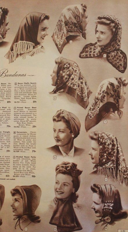 A selection of 1940s scarves. 1940s Scarf, 40s Mode, 1940s Hats, 1940s Hairstyles, Hats And Scarves, Head Scarf Styles, 40s Fashion, Retro Mode, Retro Hairstyles