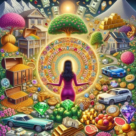 "Experience the power of wealth manifestation in this AI-generated image depicting abundant prosperity symbols. The person at the center channels positivity to visualize and attract wealth." #WealthManifestation #Abundance #ProsperitySymbols #PositiveThinking #VisualizationTechniques #PersonalSuccess. Learn more about wealth manifestations at the link. Symbol Of Wealth And Prosperity, Abundance Images Wealth, Prosperity Symbol, Abundance Images, Zodiac Leo Art, Money Energy, Wealth Attraction, Quantum Healing, Lucky Wallpaper